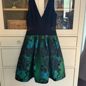 Xscape Black and Green Fit and Flare Mini Dress